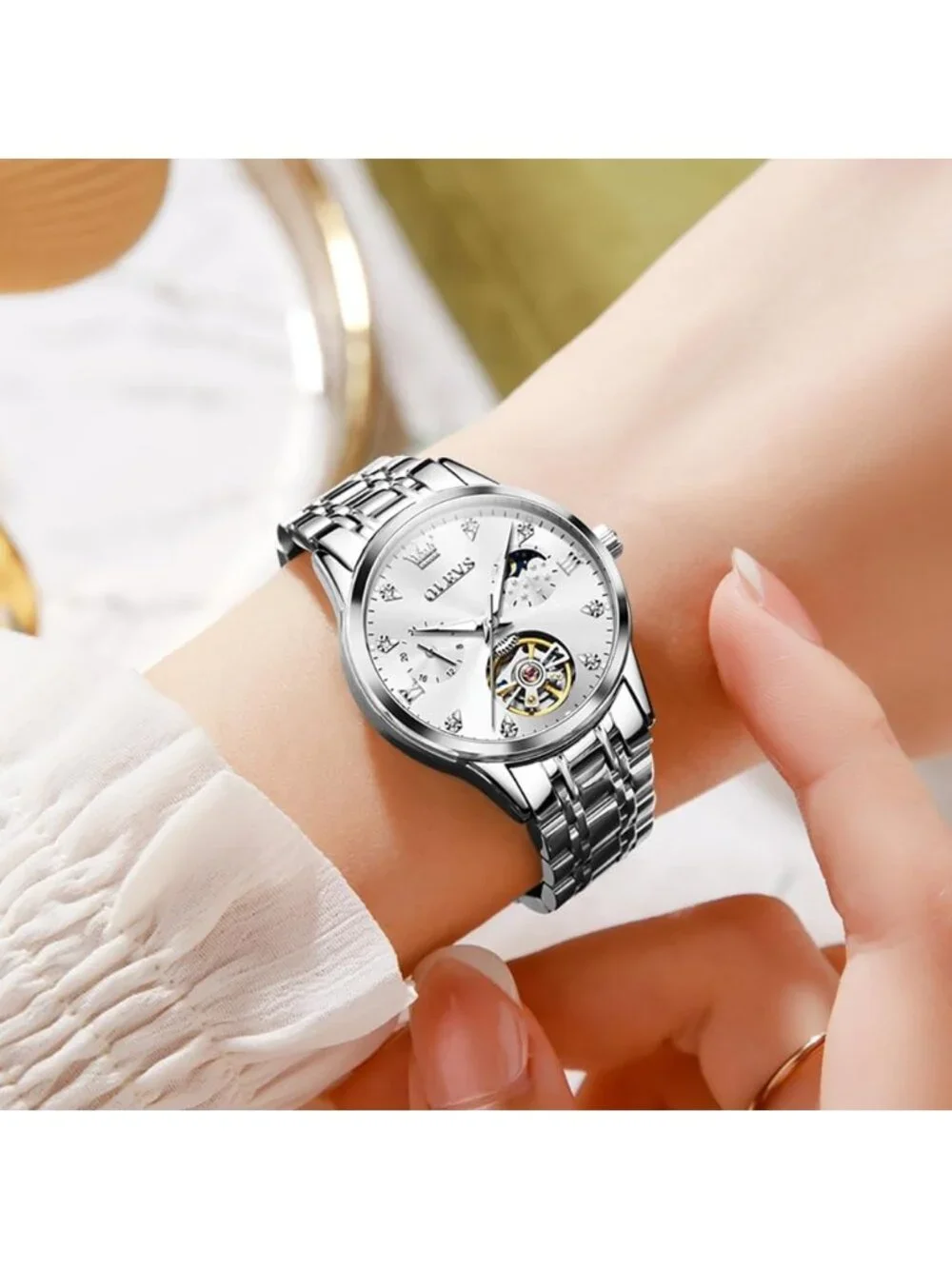 Women’s Silver White Automatic Starry Sky Diamond Bezel Luxury Mechanical Watch